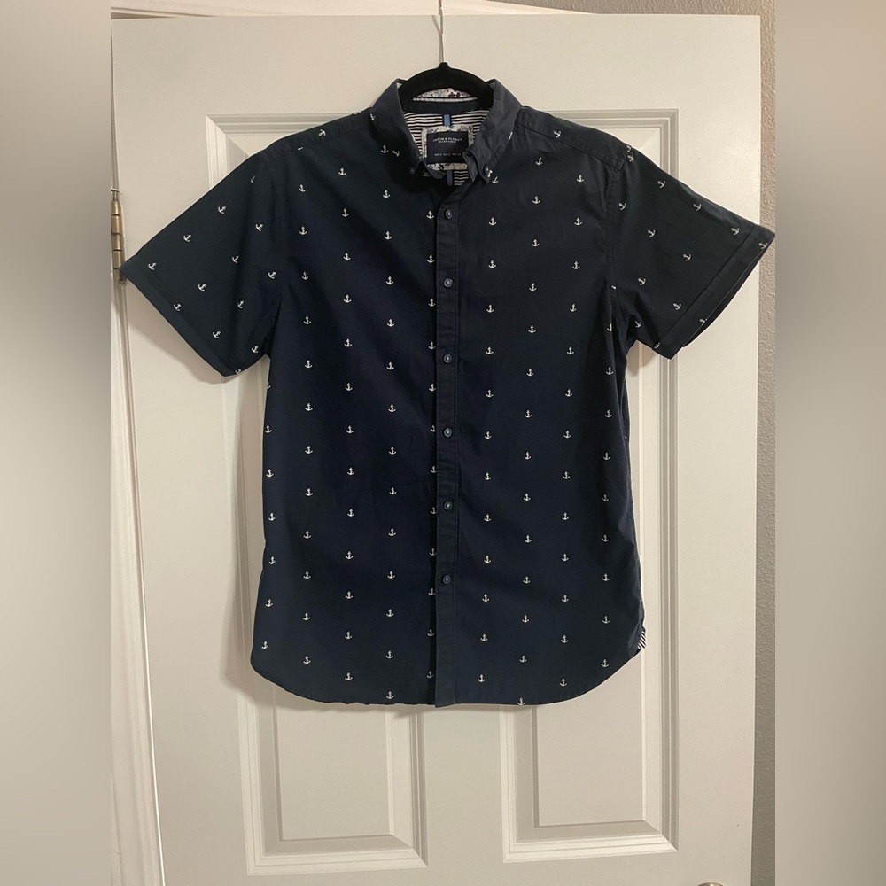 Mens ⚓️Denim & Flower Navy Blue Casual Button Down Shirt Modern Cut, size small